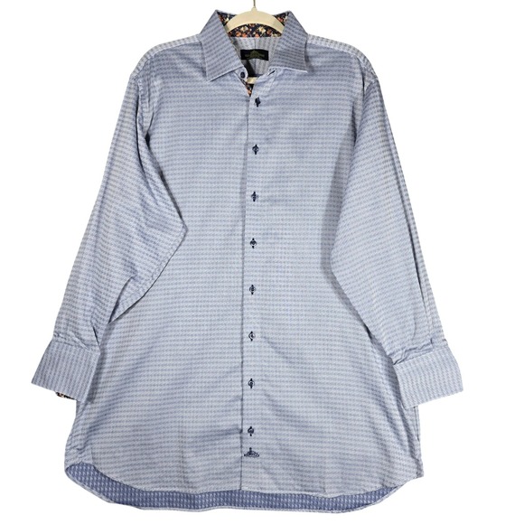 Holland & Sherry Bespoke Shirt Mens 2XL Blue Geometric Savile Row Floral Trim